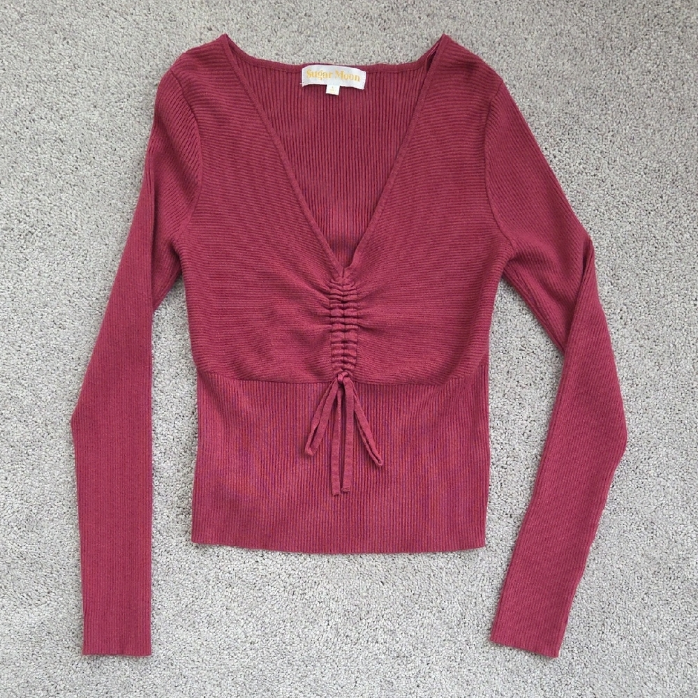 Sugar Moon Women's Ribbed Rose/Mauve Long Sleeve Cropped Sweater